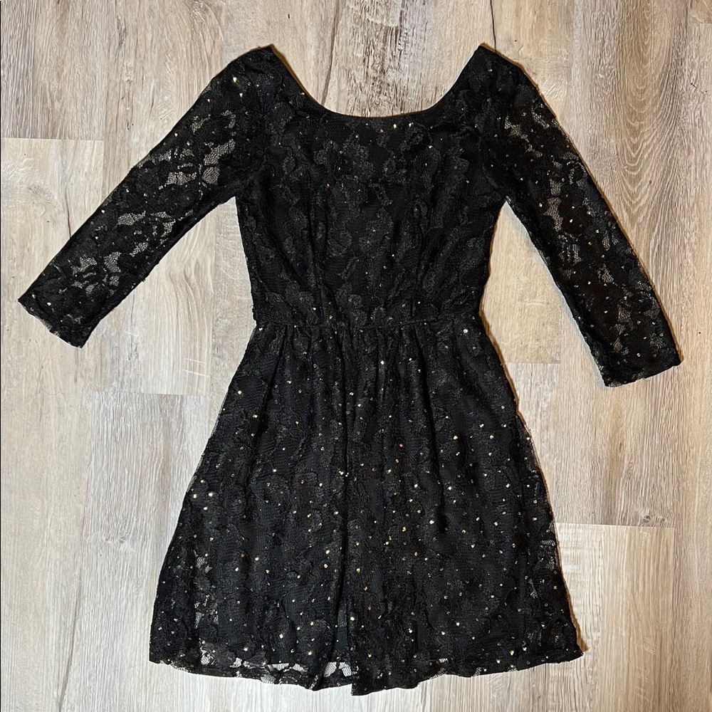 B Darlin Black Lace Dress with Gold Accents - Size 3/4